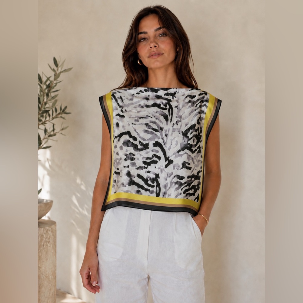 NWT with tag Yellow and Black Zebra-Print silk top